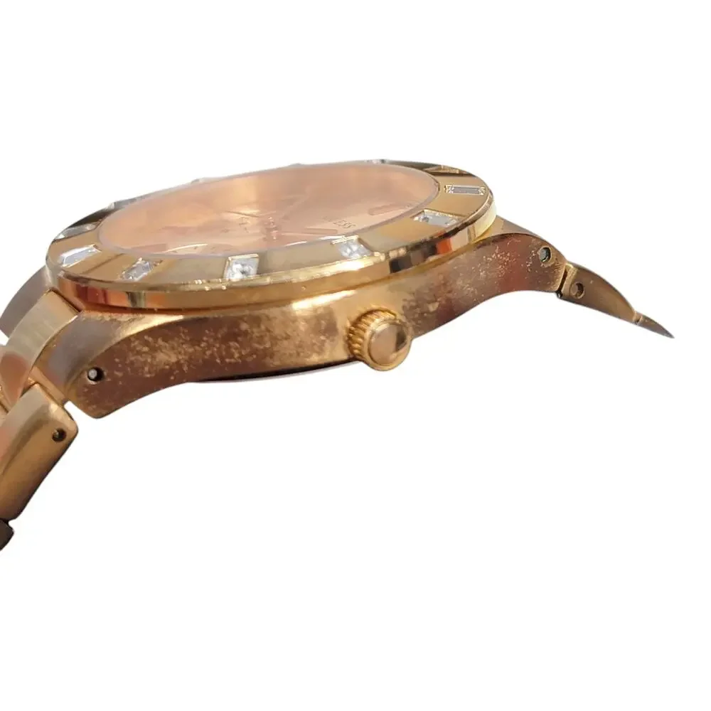 Guess Waterpro Womens Watch Rose Gold Tone Baguette Crystal Bezel Day Date